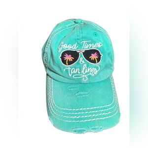 Good times & tan lines  🕶️🌴☀️distressed hat in aqua blue green with sunglasses